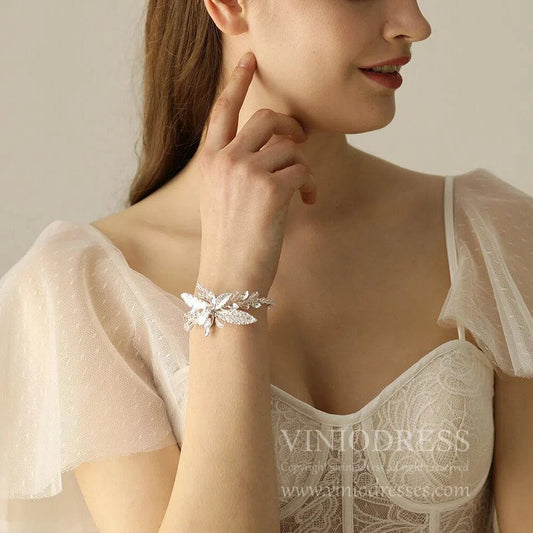 Simple Elegant Leaf Cuff Bracelet AC1097-Bridal Jewelry 2025 -Viniodress-Silver-