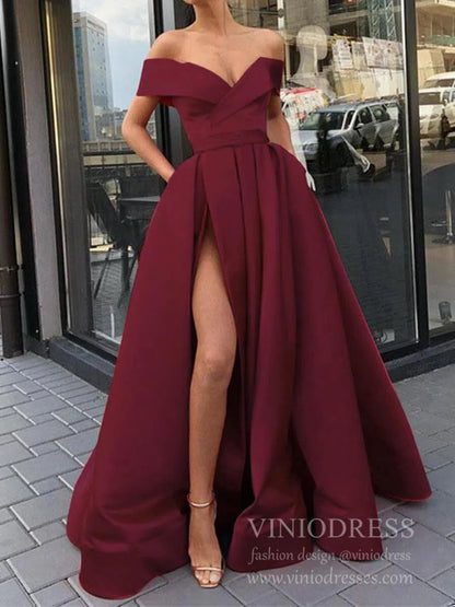 Simple Elegant Satin Prom Dresses with Pockets High Slit FD1826B-prom dresses 2025 -Viniodress-Burgundy-Custom Size-