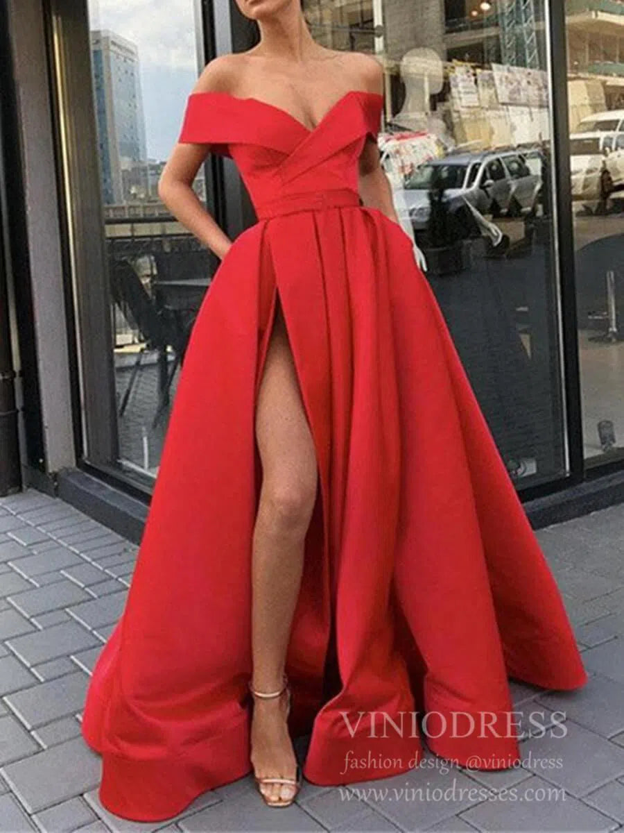 Prom Dress 2025 Sexy Thigh Split Light Blue Satin Prom Dresses with Pockets FD1826B-unique prom dresses-Red-Custom Size-Viniodress