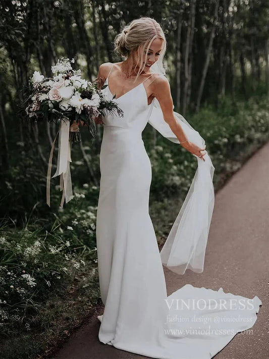 Simple Elegant Sheath Elopement Wedding Dress with Veil Minimalist Spaghetti Strap V-Neck Bridal Gown VW1420-wedding dresses 2025 -Viniodress-Ivory-Custom Size-