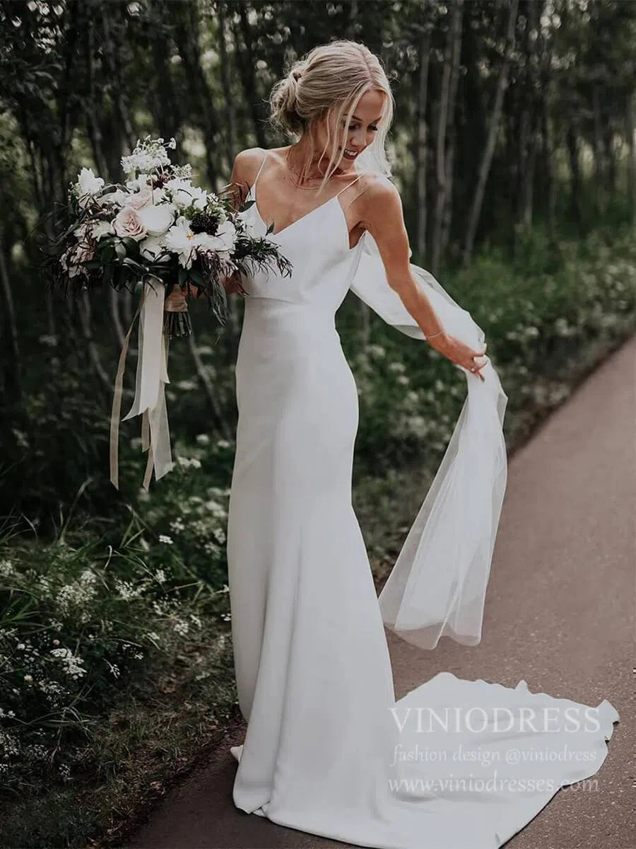 Simple Elegant Sheath Elopement Wedding Dress with Veil Minimalist Spaghetti Strap V-Neck Bridal Gown VW1420-wedding dresses 2025 -Viniodress-Ivory-Custom Size-