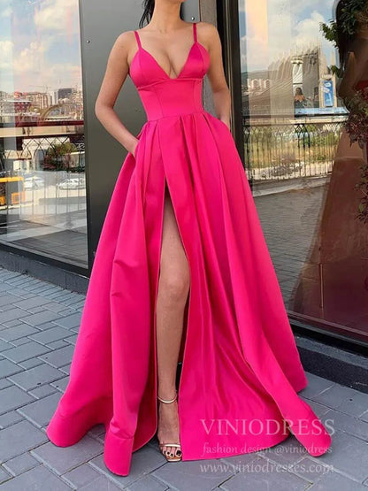 Simple Elegant Spaghetti Strap Satin Prom Dress High Slit Gown with Pockets FD1551-prom dresses 2025 -Viniodress-Fuchsia-Custom Size-