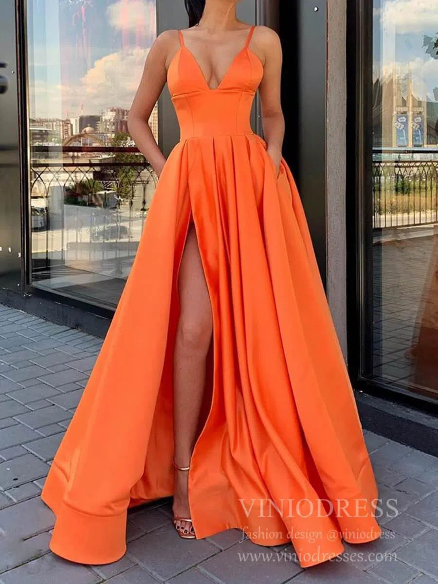 Simple Elegant Spaghetti Strap Satin Prom Dress High Slit Gown with Pockets FD1551-prom dresses 2025 -Viniodress-Orange-Custom Size-