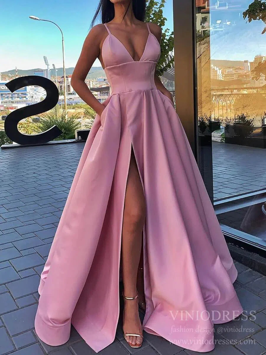 Simple Elegant Spaghetti Strap Satin Prom Dress High Slit Gown with Pockets FD1551-prom dresses 2025 -Viniodress-Rose Pink-Custom Size-