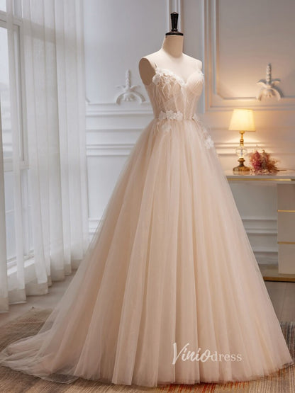 Simple Elegant Tulle Ball Gown Light Champagne Prom Dresses Spaghetti Strap FD3526-prom dresses 2025 -Viniodress-Long-Champagne-Custom Size