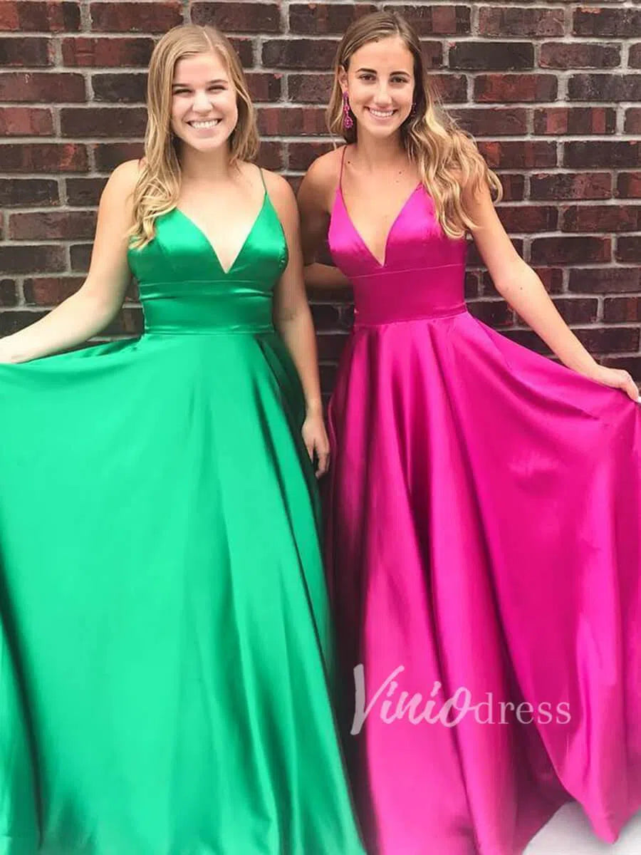 Simple Emerald Green V Neck Satin Long Prom Dresses with Pockets FD1355-prom dresses 2025 -Viniodress-Dark Green-US 2-