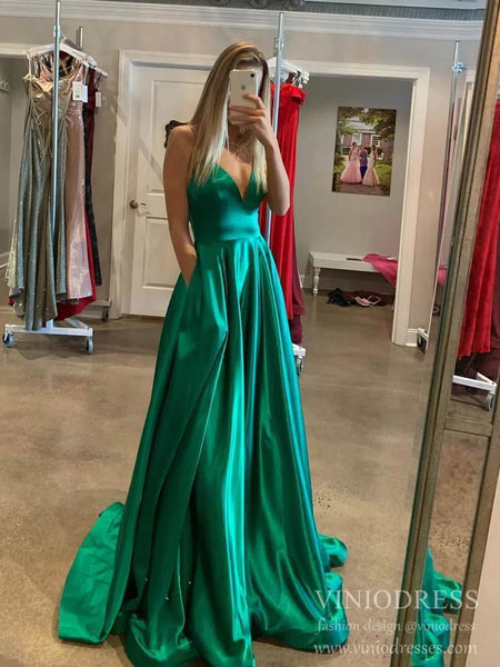 Simple Emerald Green V Neck Satin Long Prom Dresses with Pockets FD135 –  Viniodress