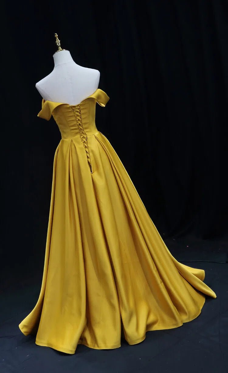 Simple Gold Satin Prom Dresses Long Off Shoulder Evening Dress 24114 Viniodress Simple Gold Satin Prom Dresses Long Off Shoulder Evening Dress 24114 Viniodress