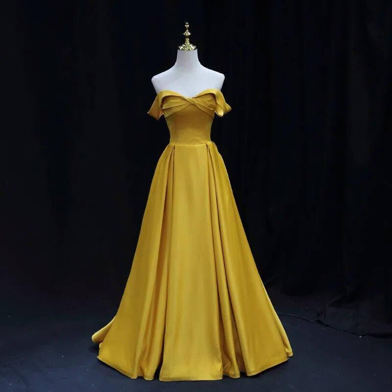 Simple Gold Satin Prom Dresses Long Off Shoulder Evening Dress 24114 Viniodress Simple Gold Satin Prom Dresses Long Off Shoulder Evening Dress 24114 Viniodress