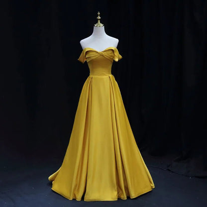 Simple Gold Satin Prom Dresses Long Off Shoulder Evening Dress 24114-Prom Dresses 2025 -VINIODRESS-Gold-US2-