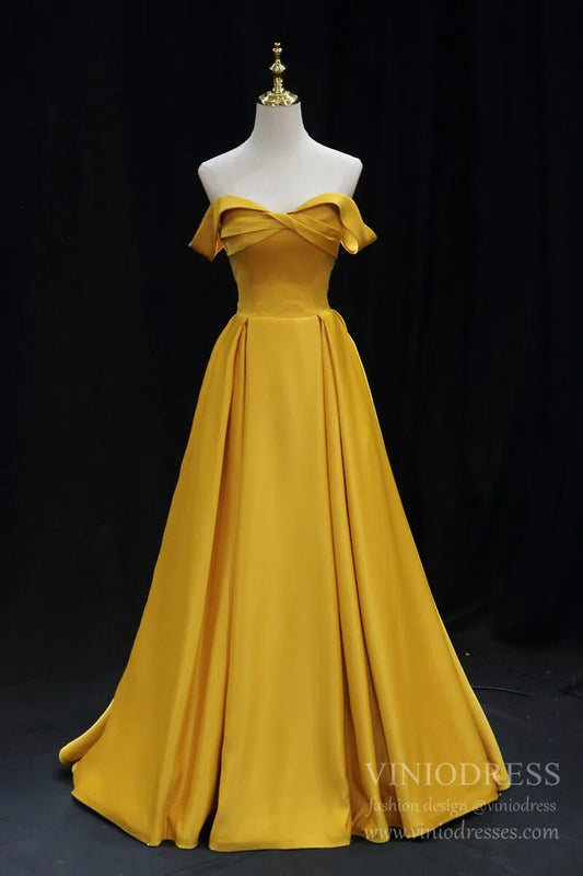 Simple Gold Satin Prom Dresses Long Off Shoulder Evening Dress 24114-Prom Dresses 2025 -VINIODRESS-Gold-US2-