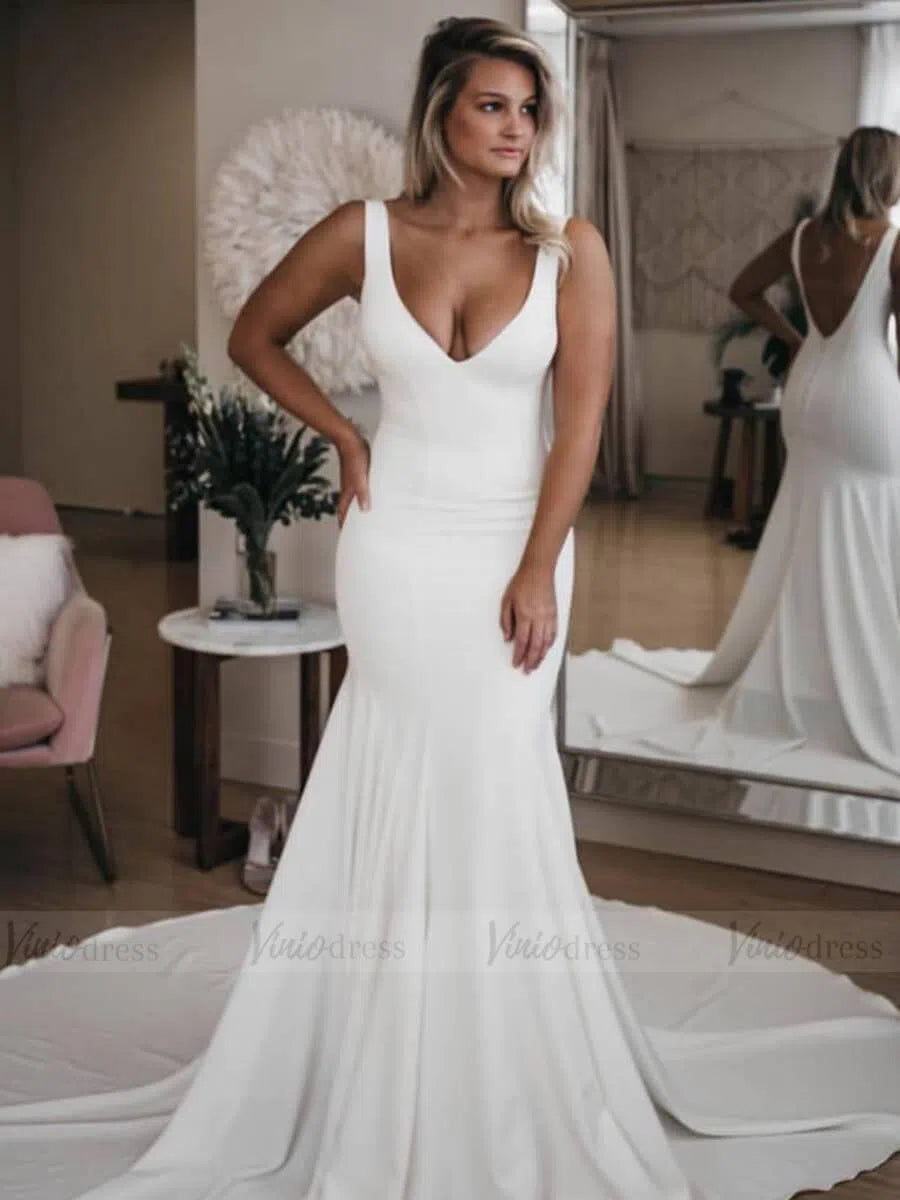 Simple Gorgeous Satin Mermaid Wedding Dresses with Long Train VW1349-wedding dresses 2025 -Viniodress-Ivory-Custom Size-