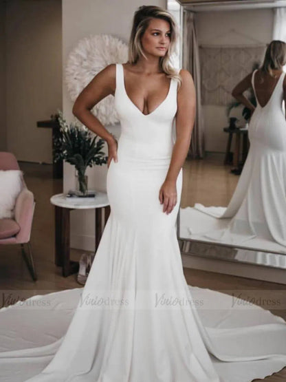 Simple Gorgeous Satin Mermaid Wedding Dresses with Long Train VW1349-wedding dresses 2025 -Viniodress-Ivory-Custom Size-
