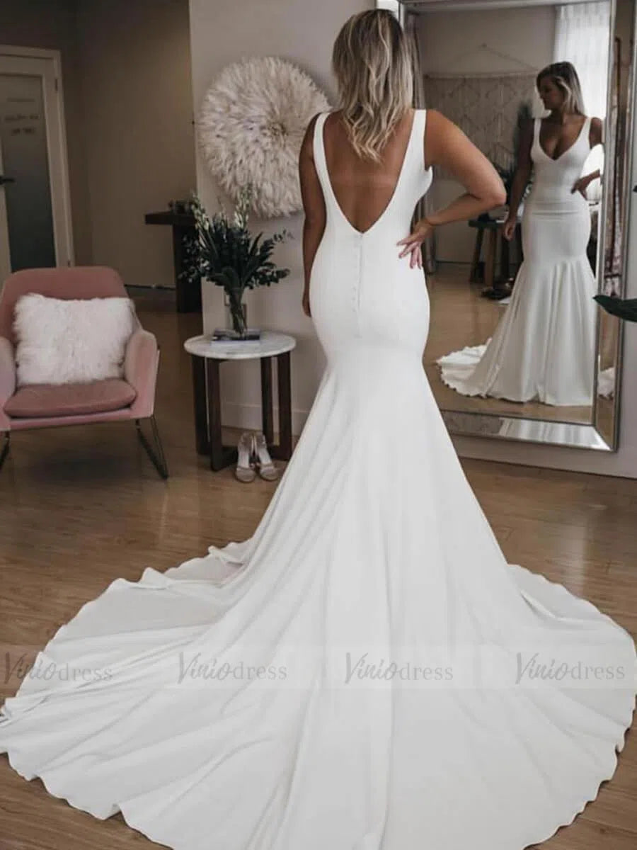 Simple Gorgeous Satin Mermaid Wedding Dresses with Long Train VW1349-wedding dresses 2025 -Viniodress-Ivory-Custom Size-