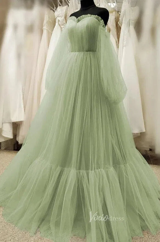Simple Green Tulle Prom Dress with Bishop Sleeves FD1284-prom dresses 2025 -Viniodress-Green-Custom Size-