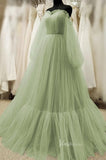 Simple Green Tulle Prom Dress with Bishop Sleeves FD1284