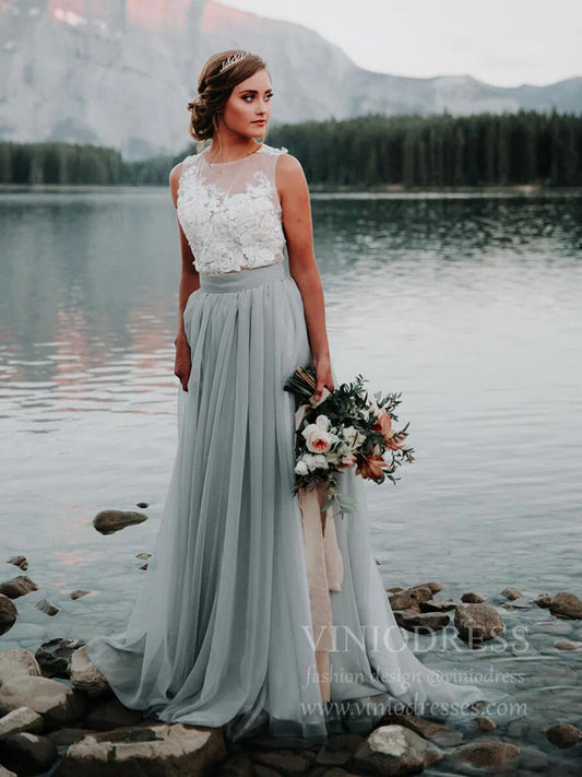 Simple Grey Rustic Wedding Dresses Lace Appliqued Chiffon Wedding Dress VW1418-wedding dresses 2025 -Viniodress-Grey-Custom Size-