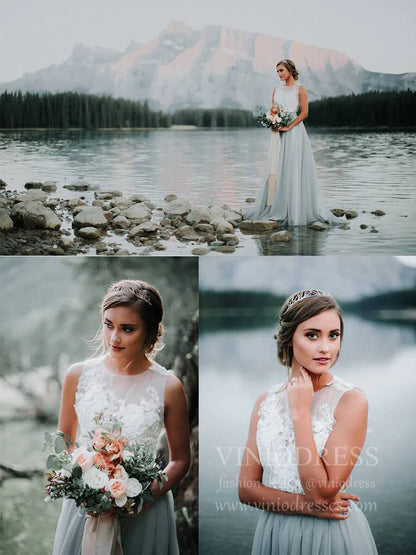 Simple Grey Rustic Wedding Dresses Lace Appliqued Chiffon Wedding Dress VW1418-wedding dresses 2025 -Viniodress-Grey-Custom Size-
