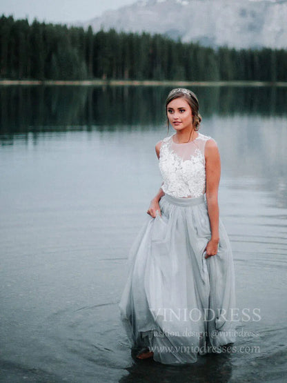 Simple Grey Rustic Wedding Dresses Lace Appliqued Chiffon Wedding Dress VW1418-wedding dresses 2025 -Viniodress-Grey-Custom Size-