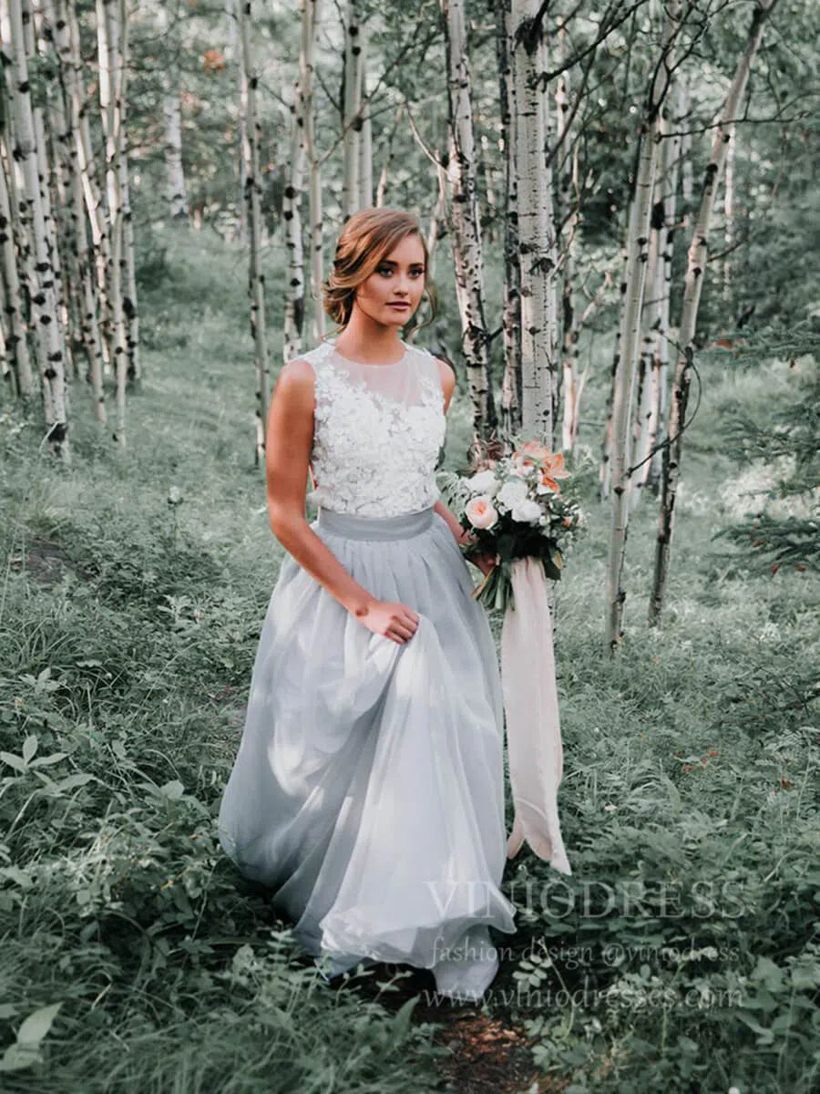 Simple Grey Rustic Wedding Dresses Lace Appliqued Chiffon Wedding Dress VW1418-wedding dresses 2025 -Viniodress-Grey-Custom Size-