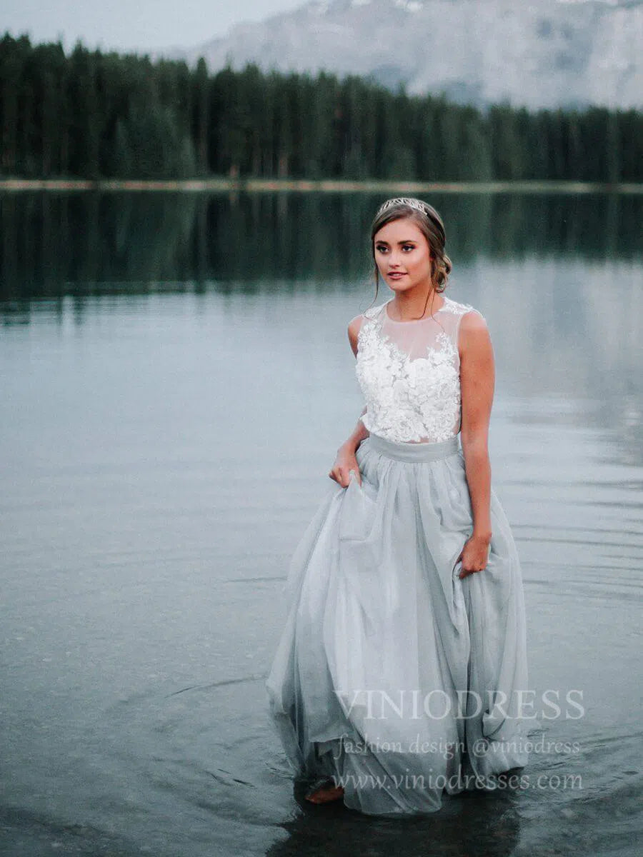 Simple Silver Rustic Wedding Dresses Lace Appliqued Wedding Dress VW1418-wedding dresses-Viniodress-Viniodress