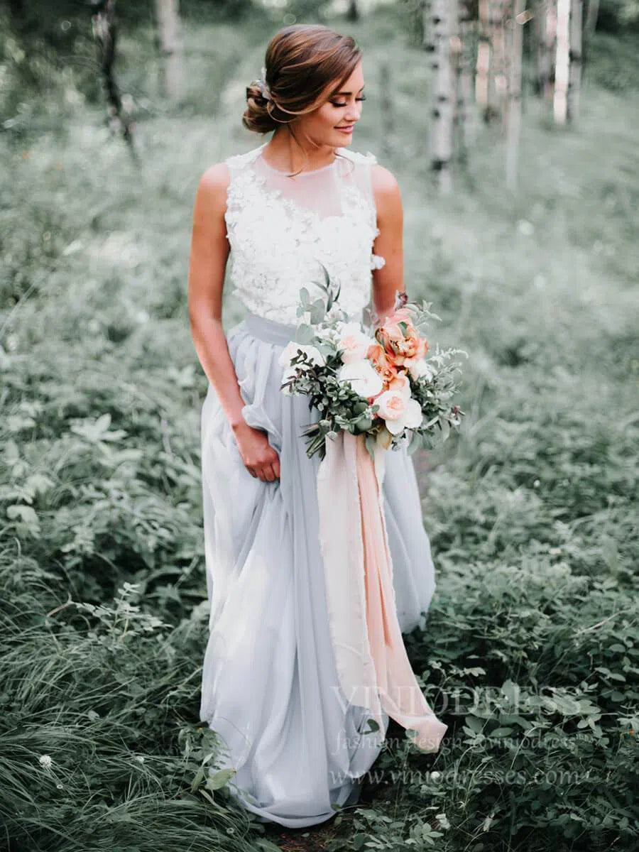 Simple Silver Rustic Wedding Dresses Lace Appliqued Wedding Dress VW1418-wedding dresses-Viniodress-Viniodress