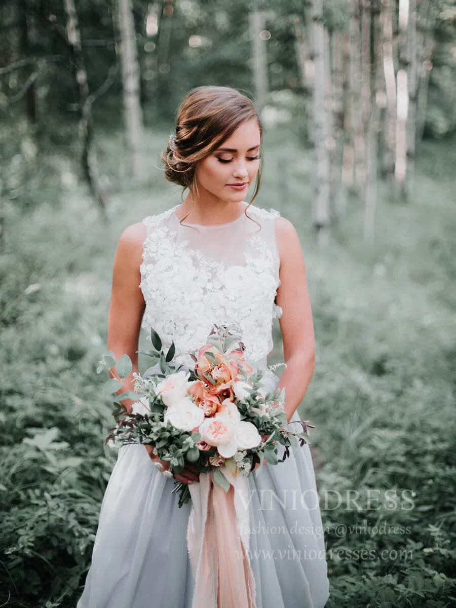 Simple Silver Rustic Wedding Dresses Lace Appliqued Wedding Dress VW1418-wedding dresses-Viniodress-Viniodress