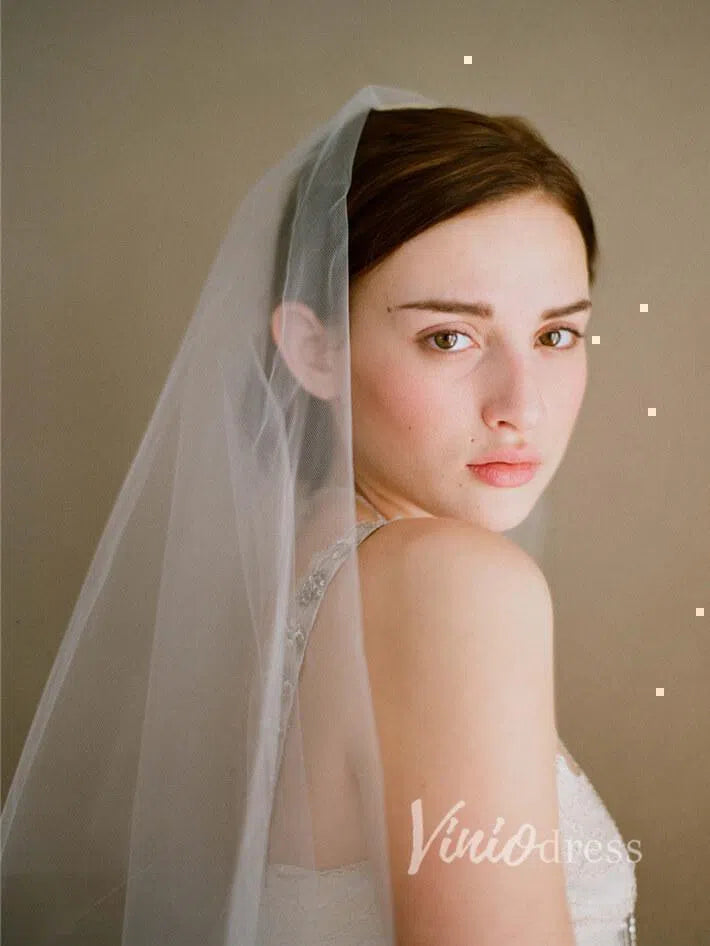Simple Ivory Tulle Drop Veil Crystal Comb Wedding Veils ACC1054-Bridal Veil 2025 -Viniodress-Ivory-