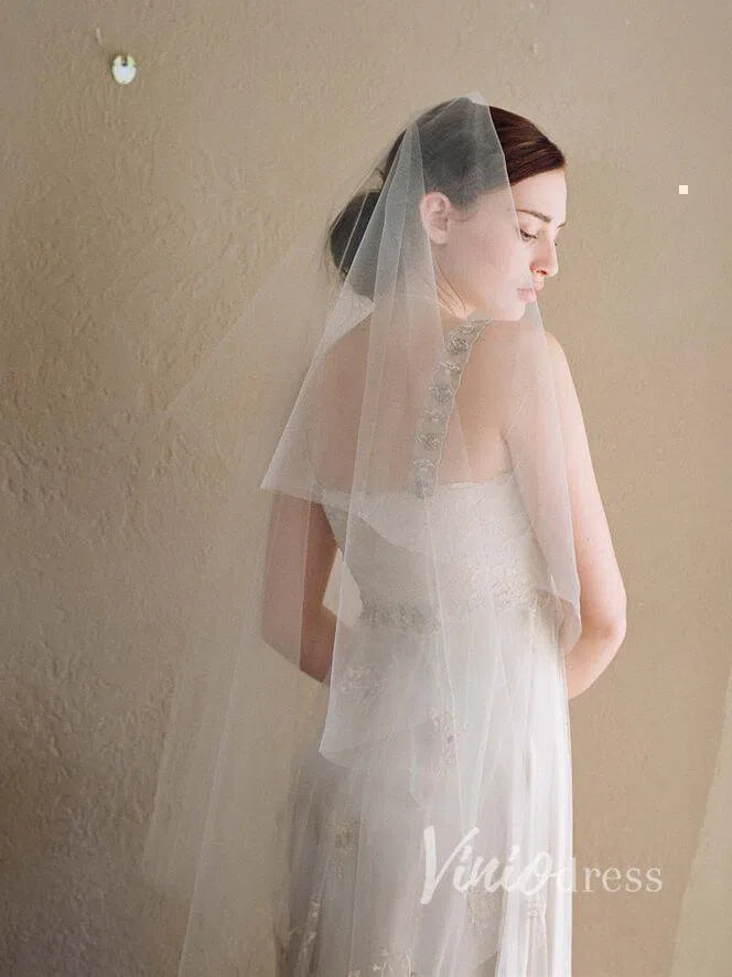 Simple Ivory Tulle Drop Veil Crystal Comb Wedding Veils ACC1054-Bridal Veil 2025 -Viniodress-Ivory-