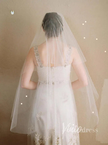 Simple Ivory Tulle Drop Veil Crystal Comb Wedding Veils ACC1054-Bridal Veil 2025 -Viniodress-Ivory-