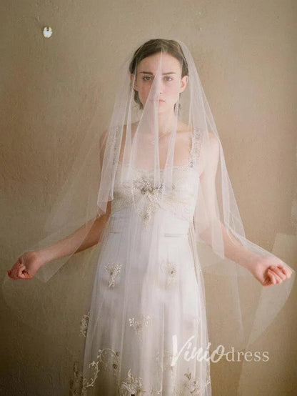 Simple Ivory Tulle Drop Veil Crystal Comb Wedding Veils ACC1054-Bridal Veil 2025 -Viniodress-Ivory-