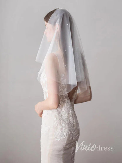 Simple Ivory Tulle Wedding Veil Waist Length with Pearls ACC1047-Bridal Veil 2025 -Viniodress-Ivory-