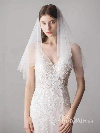 Simple Ivory Tulle Wedding Veil Waist Length with Pearls ACC1047-Bridal Veil 2025 -Viniodress-Ivory-