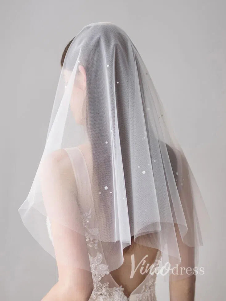 Simple Ivory Tulle Wedding Veil Waist Length with Pearls ACC1047-Bridal Veil 2025 -Viniodress-Ivory-