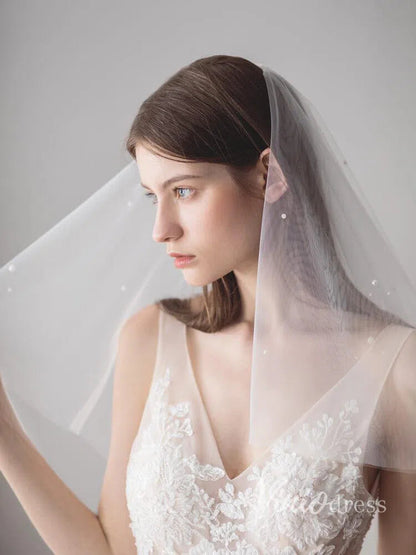 Simple Ivory Tulle Wedding Veil Waist Length with Pearls ACC1047-Bridal Veil 2025 -Viniodress-Ivory-