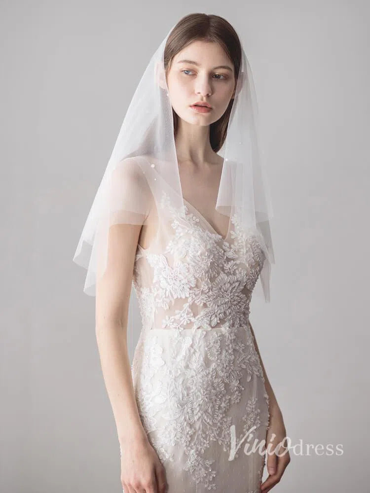 Simple Ivory Tulle Wedding Veil Waist Length with Pearls ACC1047-Bridal Veil 2025 -Viniodress-Ivory-