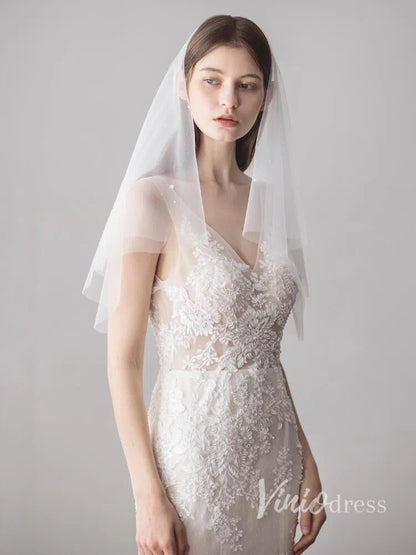 Simple Ivory Tulle Wedding Veil Waist Length with Pearls ACC1047-Bridal Veil 2025 -Viniodress-Ivory-