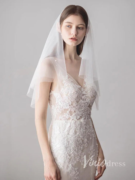 Simple Ivory Tulle Wedding Veil Waist Length with Pearls ACC1047-Bridal Veil 2025 -Viniodress-Ivory-