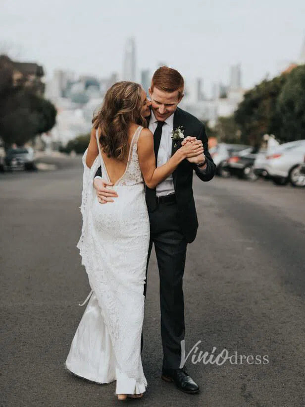 Simple Lace Sheath Beach Wedding Dresses with Long Train VW1082-wedding dresses-Viniodress-Viniodress