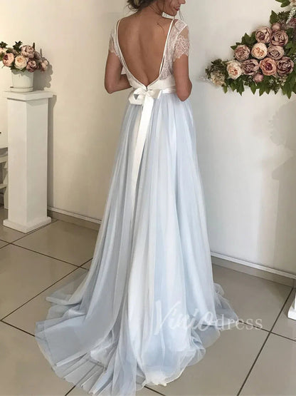 Simple Light Blue Beach Wedding Dresses with Sash VW1263-wedding dresses 2025 -Viniodress-As Picture-Custom Size-