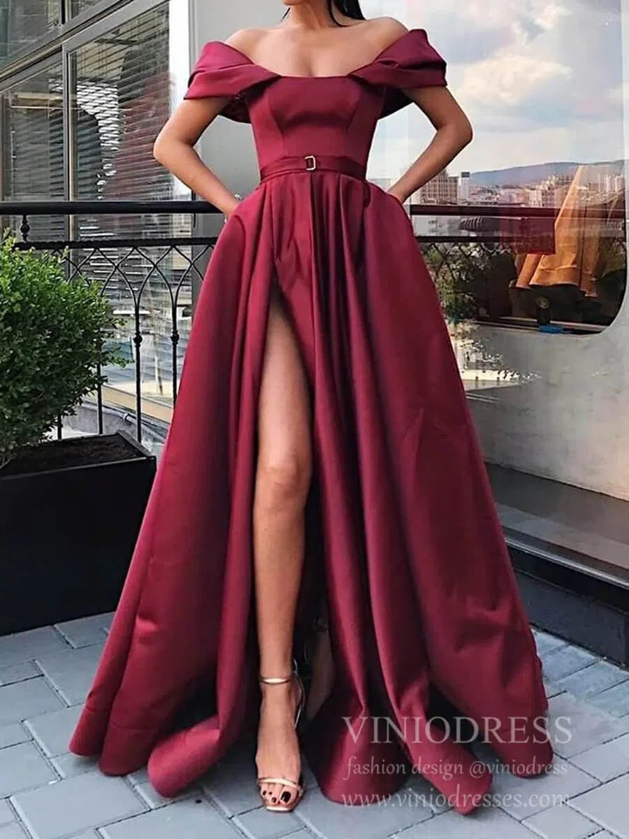 Simple Long Burgundy Prom Dresses with Slit and Pockets FD1260-prom dresses 2025 -Viniodress-Burgundy-Custom Size-