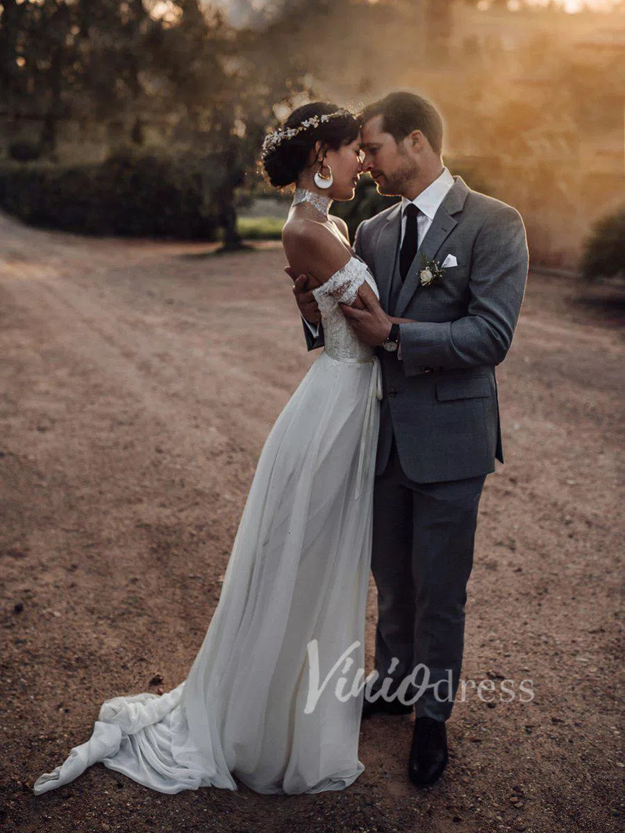 Simple Long Chiffon Boho Wedding Dresses Beach Bridal Dress VW1221-wedding dresses 2025 -Viniodress-Ivory-Custom Size-