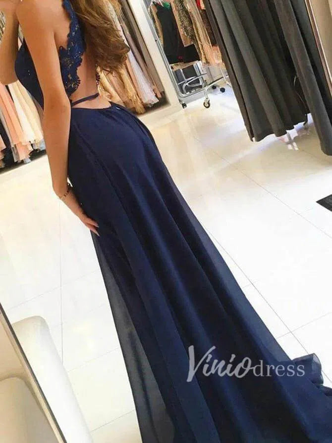 Prom Dress 2025 Simple Long Chiffon Navy Blue Prom Dresses with Slit FD1409-unique prom dresses-Navy Blue-Custom Size-Viniodress