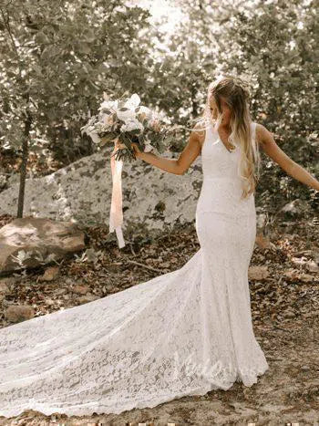 Simple Mermaid Lace Wedding Dresses with Long Train Viniodress VW1069-wedding dresses 2025 -Viniodress-Ivory-Custom Size-
