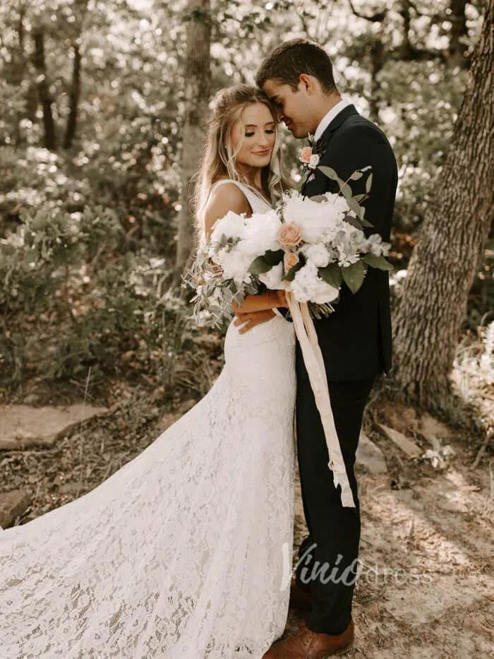 Simple Mermaid Lace Wedding Dresses with Long Train Viniodress VW1069-wedding dresses 2025 -Viniodress-Ivory-Custom Size-