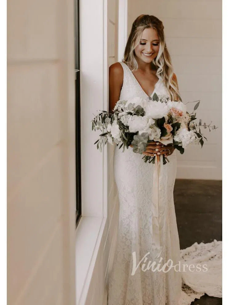 Simple Mermaid Lace Wedding Dresses with Long Train Viniodress VW1069-wedding dresses 2025 -Viniodress-Ivory-Custom Size-
