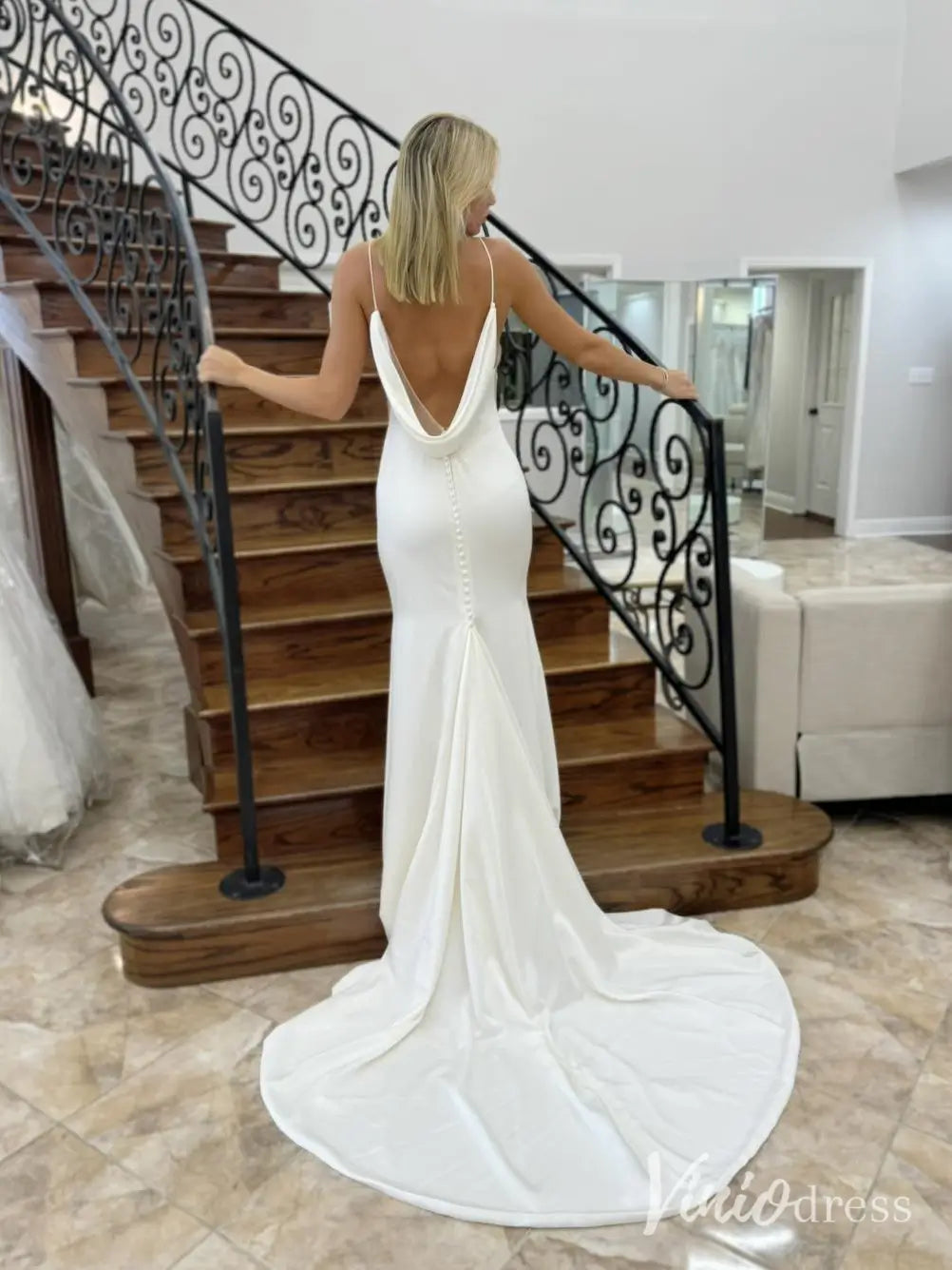 Simple Minimalist Crepe Wedding Dress with Spaghetti Straps, V-Neckline, Draped Open Back and Sweep Train – MN106-wedding dresses 2025 -Viniodress-Ivory-Custom Size-