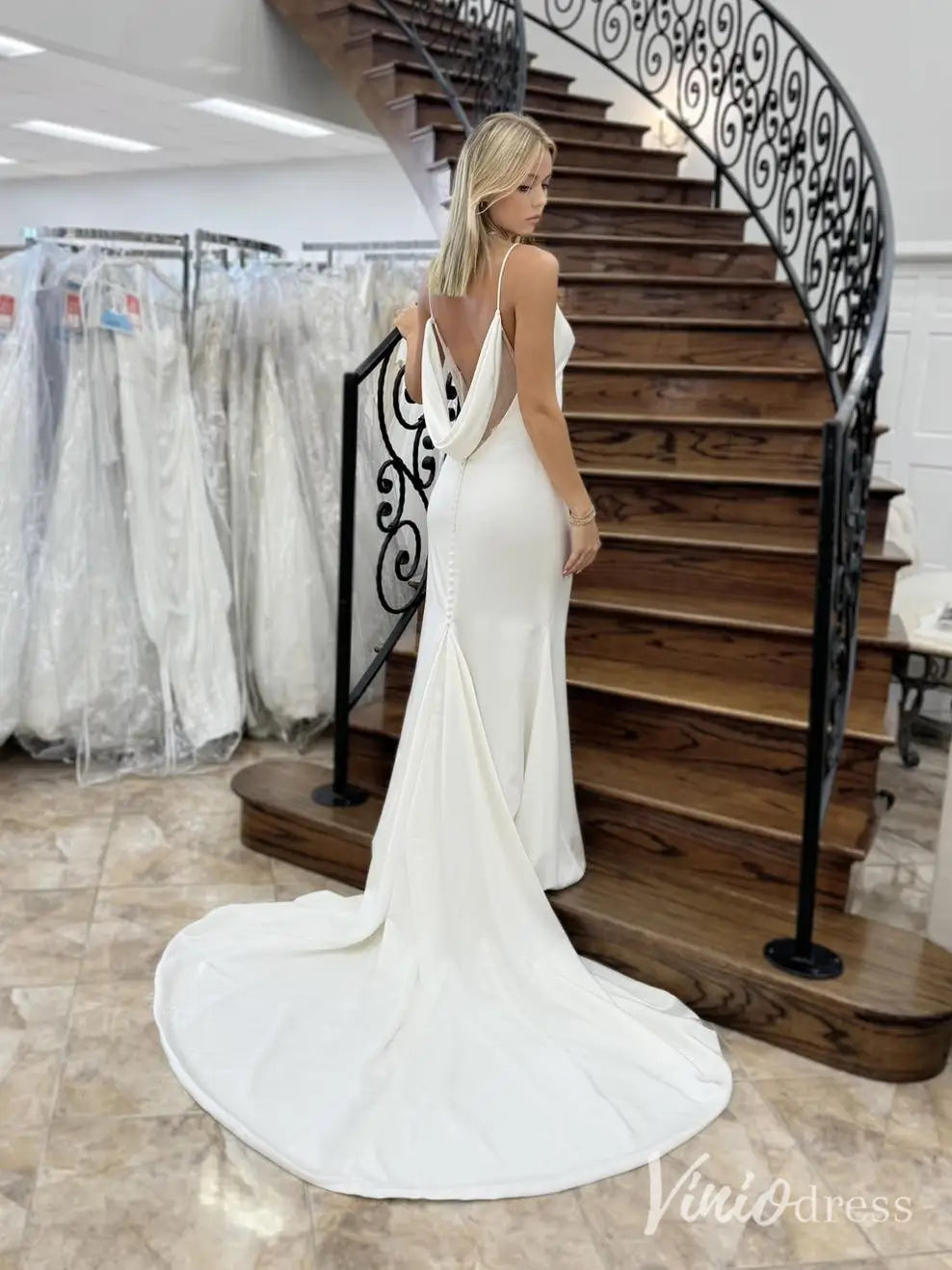 Simple Minimalist Crepe Wedding Dress with Spaghetti Straps, V-Neckline, Draped Open Back and Sweep Train – MN106-wedding dresses 2025 -Viniodress-Ivory-Custom Size-