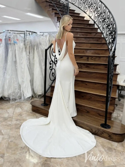 Simple Minimalist Crepe Wedding Dress with Spaghetti Straps, V-Neckline, Draped Open Back and Sweep Train – MN106-wedding dresses 2025 -Viniodress-Ivory-Custom Size-