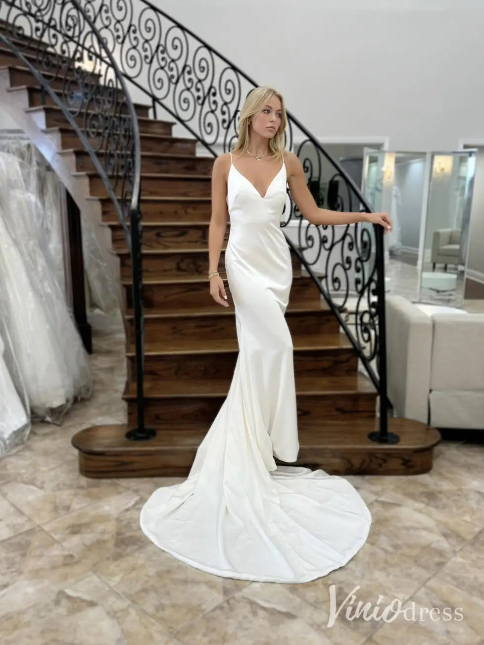 Simple Minimalist Crepe Wedding Dress with Spaghetti Straps, V-Neckline, Draped Open Back and Sweep Train – MN106-wedding dresses 2025 -Viniodress-Ivory-Custom Size-